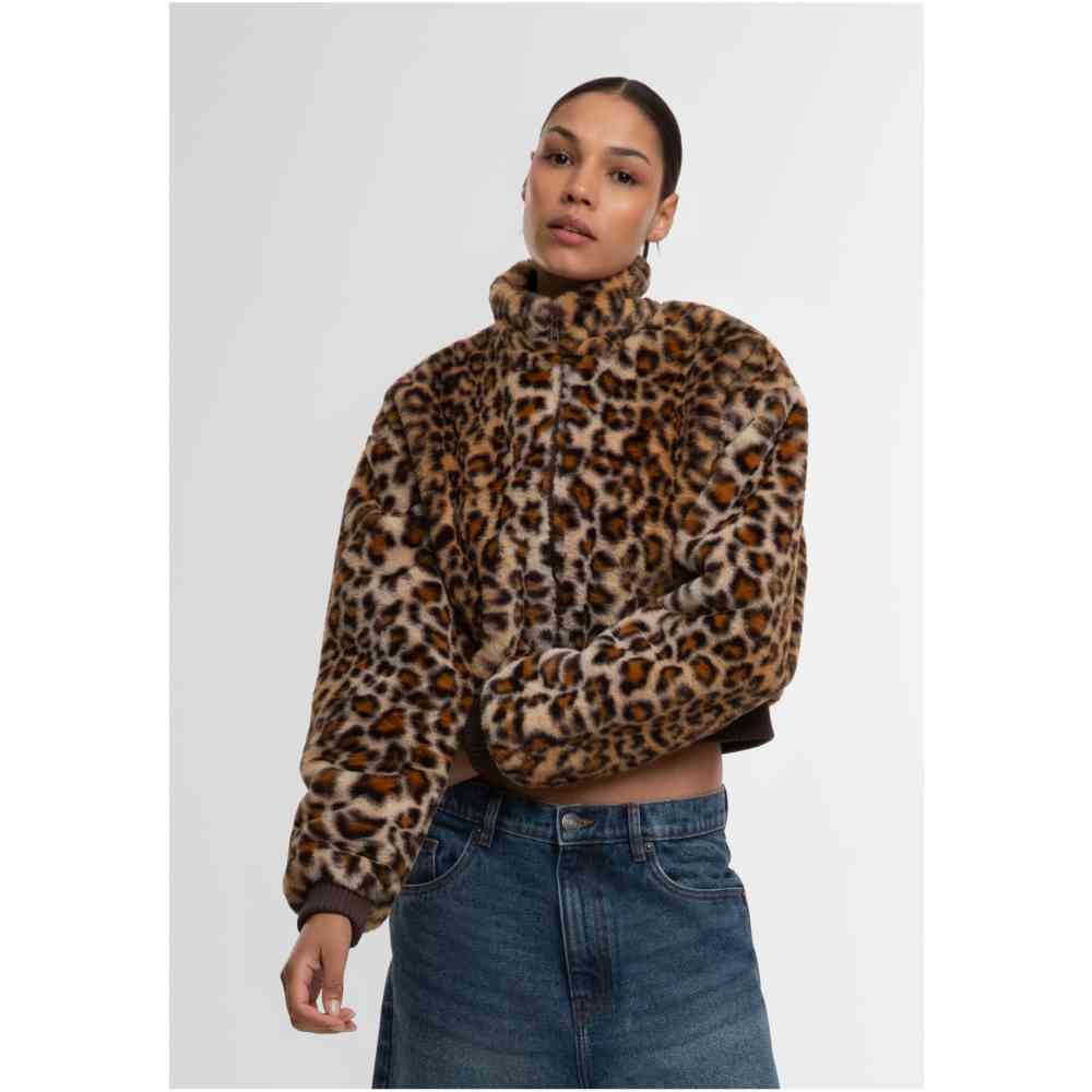 Urban Classics - Cropped Faux Fur Leo Jacket - Bruin